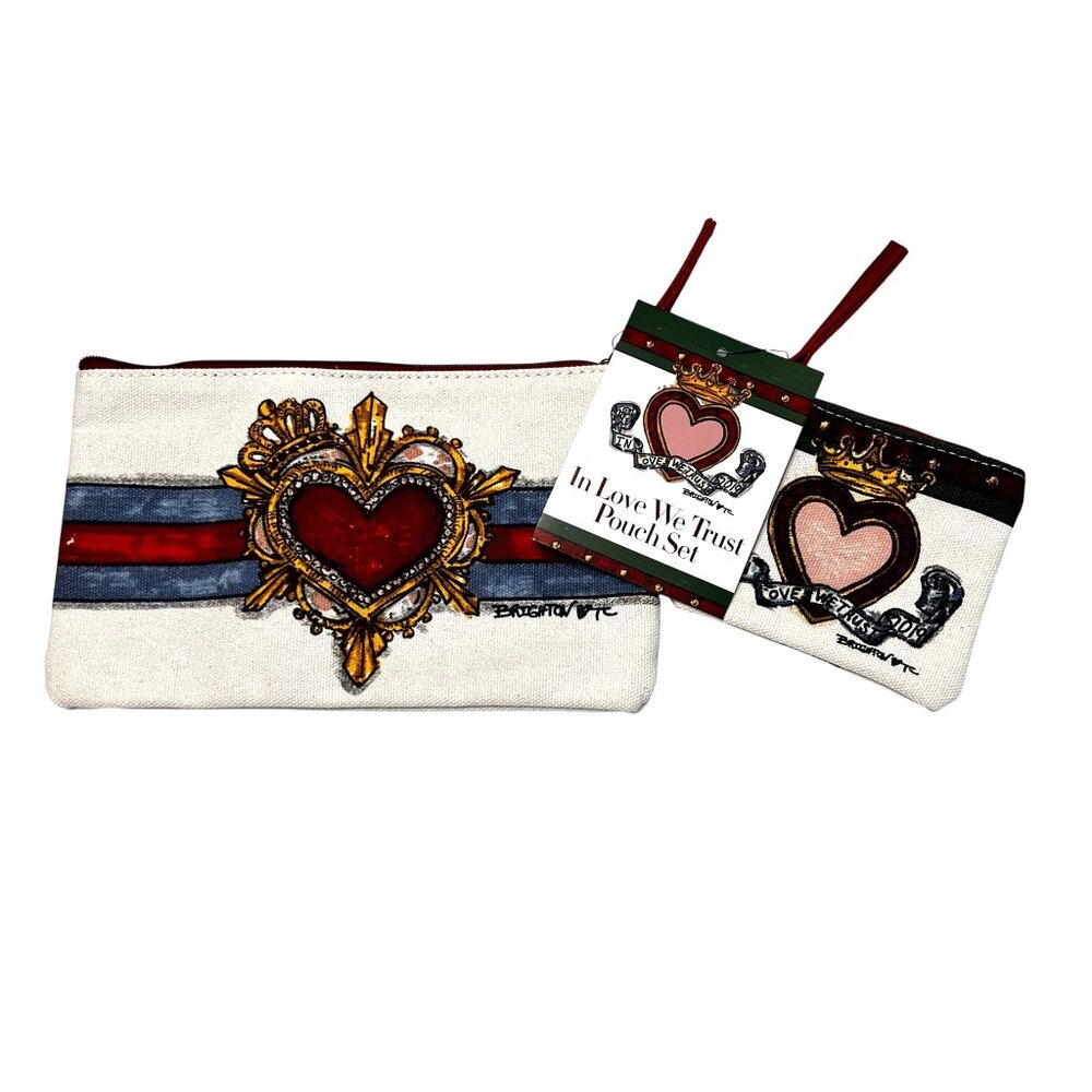 NWT Brighton In Love We Trust Heart Pouch Set Canvas Leather Zipper Bags - Picture 2 of 13